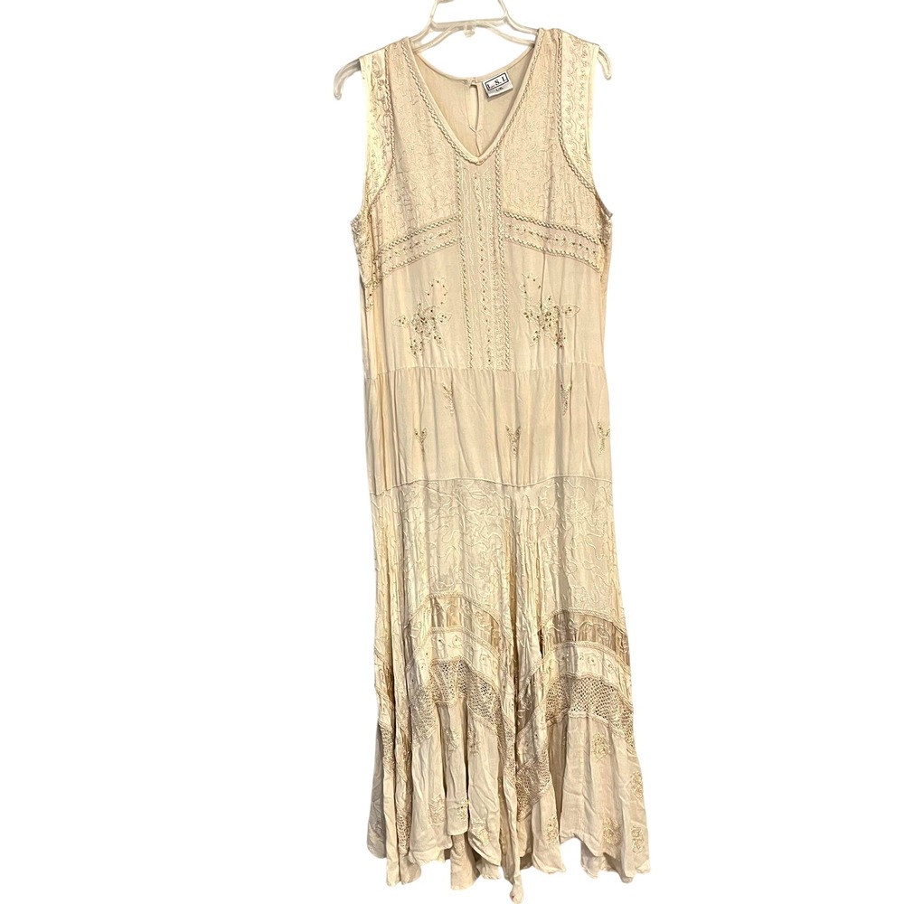 L.S.I. Maxi Dress Cream Tiered Embroidered Beaded Boho Fairy Ren Fair L/XL